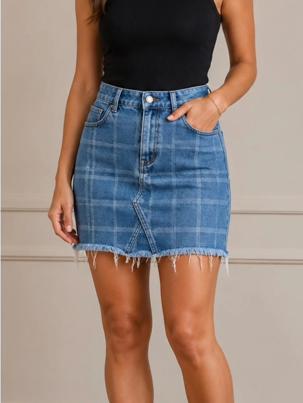 PacSun Blue Plaid Denim Mini Skirt with Frayed Hemline - Picture 1 of 4